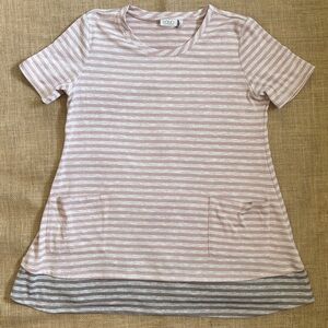 Logo By Lori Goldstein Striped Tee Shirt Medium Swing Dusty Pink Cream Brown